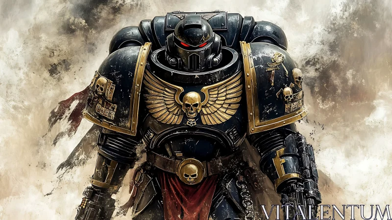 Stoic armored warrior strides through swirling battle smoke.