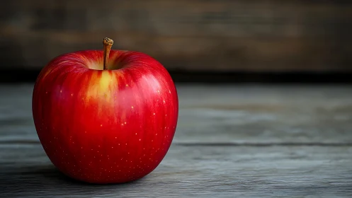 Red apple rests on wooden surface in sharp side lighting