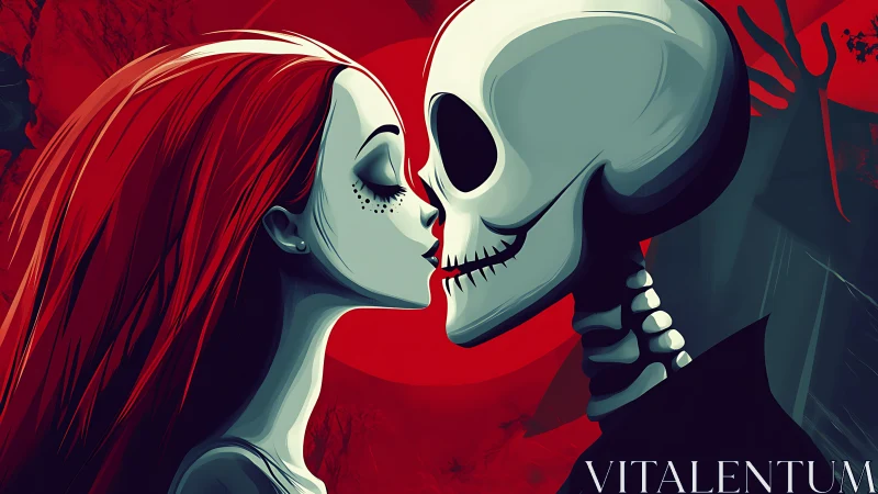 Gothic couple in stylized profile shares macabre crimson kiss