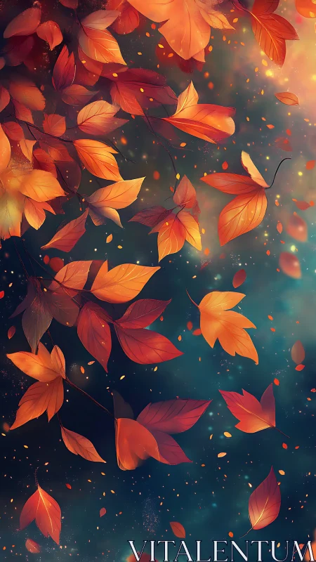 Autumn foliage cascade with glowing bokeh over teal void