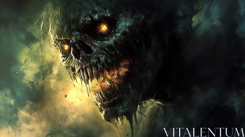 Burning skeletal horror looms within toxic storm haze.