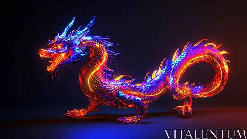 Chromatic 3D dragon rendered with vivid neon lighting