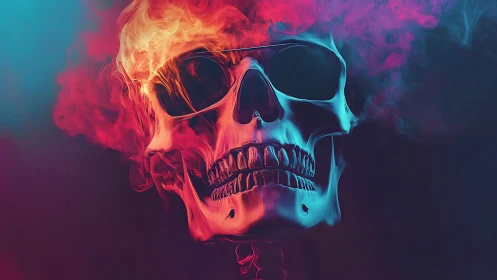 Neon inferno skull blazing through electric twilight haze.
