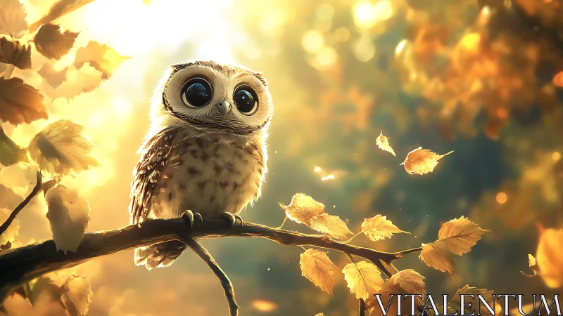 Cute cartoon baby owl on autumn branch, glowing fantasy artwork.