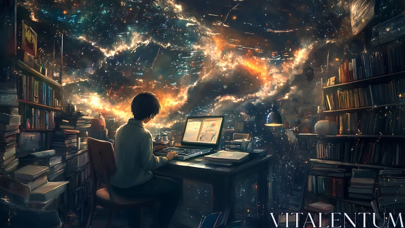 Dreaming writer at a cosmic desk of books and starlight.