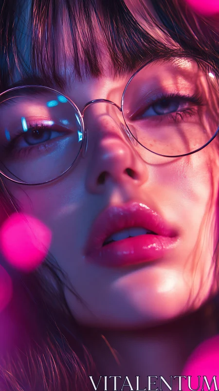 Neon lights bathe a dreamy face in soft pink reflections