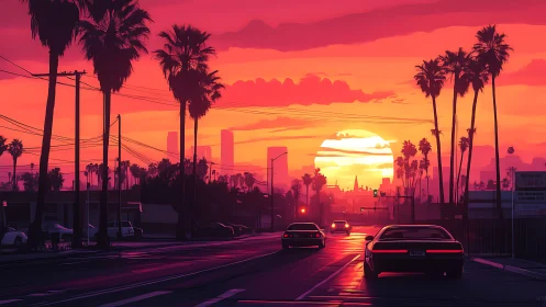 Neon sunset swallows the boulevard in glowing magenta hush