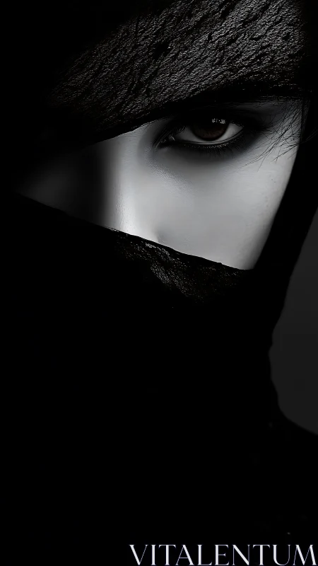 Mysterious gaze wrapped in shadows and soft midnight fabric.