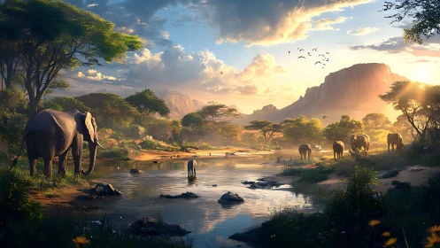 Elephant riverine panorama under volumetric savanna light.