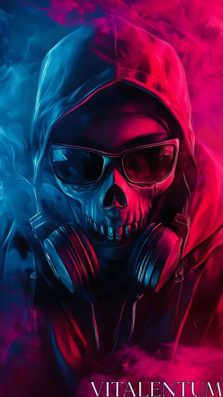 Hooded skull DJ in neon blue and pink smoke portrait.