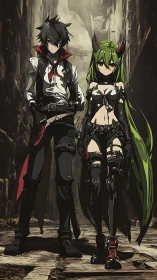 Dual anime figures in tactical attire in narrow alleyway.