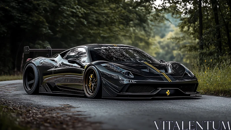 Low black supercar with yellow stripe on forest road.