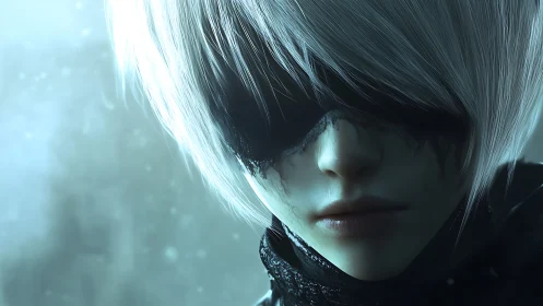 Cybernetic visage in frostlit close-up portrait study.