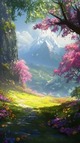 Sunlit alpine meadow path framed by vivid blossom trees