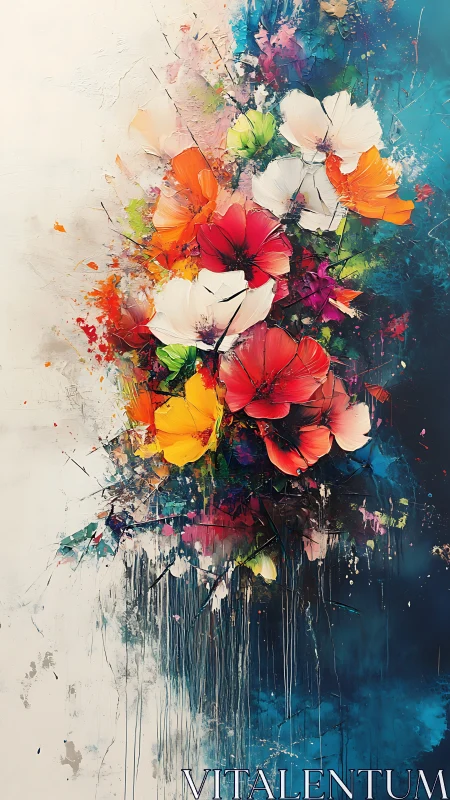 Vivid abstract floral bouquet on bright teal background.