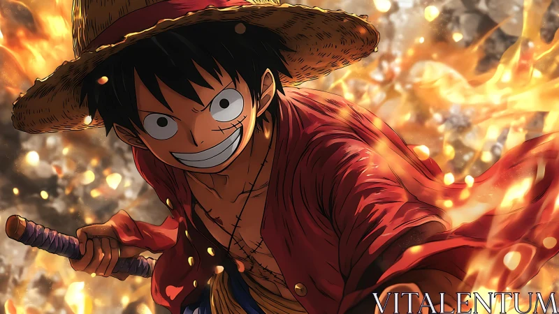 Dynamic anime hero in flame-swept action composition.