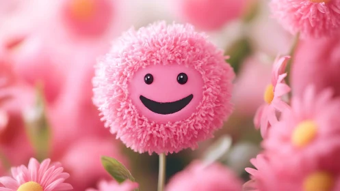 Happy Flower Character Surrounded by Pink Daisy Blooms