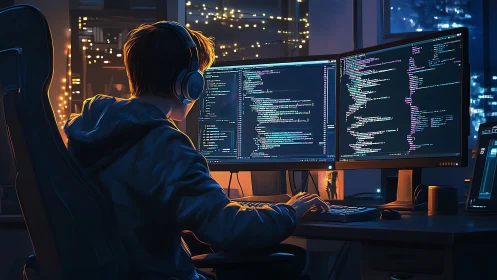 Digital painting of night coder at dual-monitor workstation.