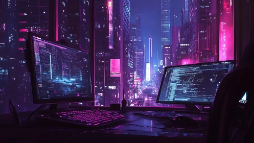 Cybernetic command desk overlooking neon megacity grid.