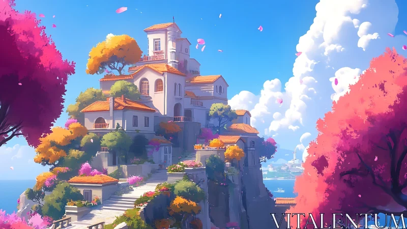 Hilltop Estate Among Crimson Blossoms and Azure Skies.