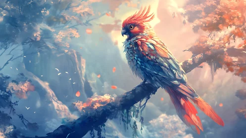 Vibrant fantasy parrot on branch in dreamy digital art scene.