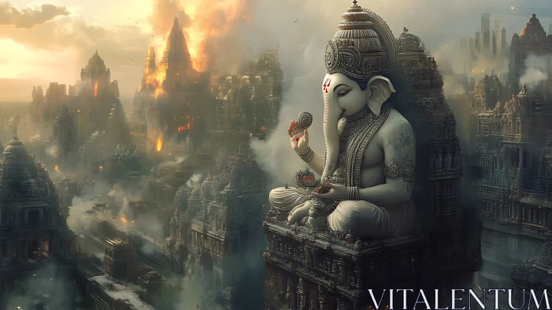 Colossal Ganesha statue over misty burning temple city.
