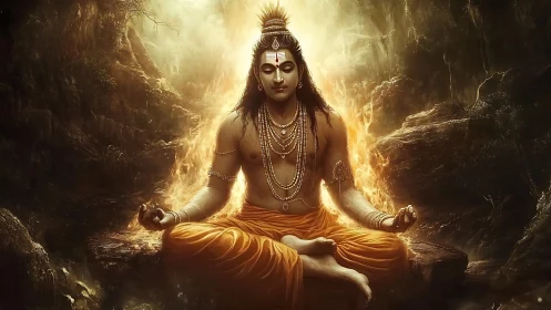 Divine yogi in fiery cave meditation, serene golden aura.