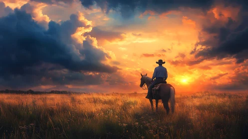 Lone cowboy on horseback soaking in a glowing prairie sunset.