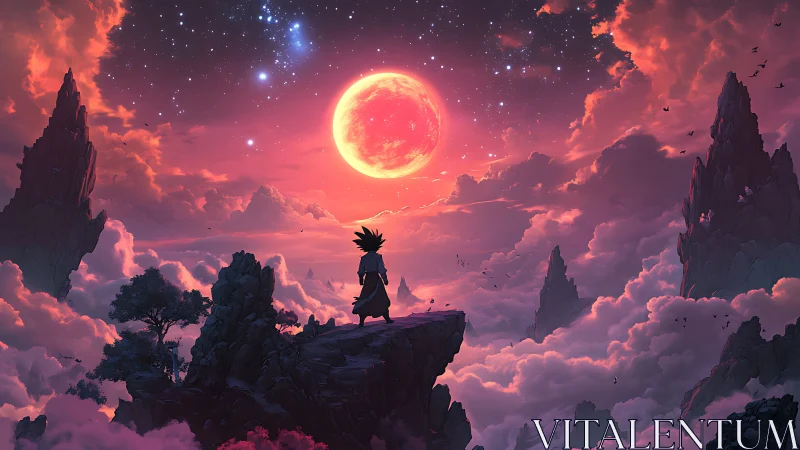 Lone warrior surveys crimson moon above cloud mountains