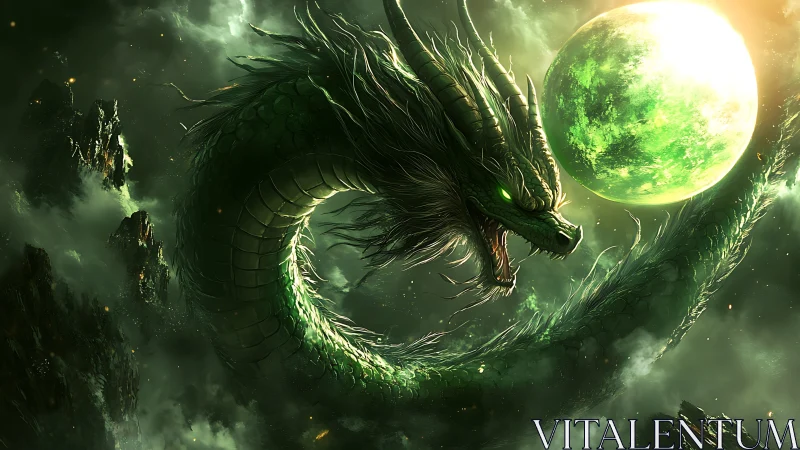 Serpentine star dragon coils through emerald moonlight storm