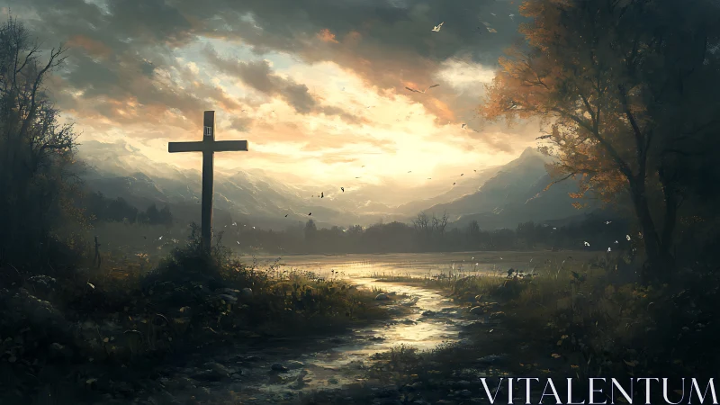 Wooden cross by reflective marsh at dramatic alpine sunrise