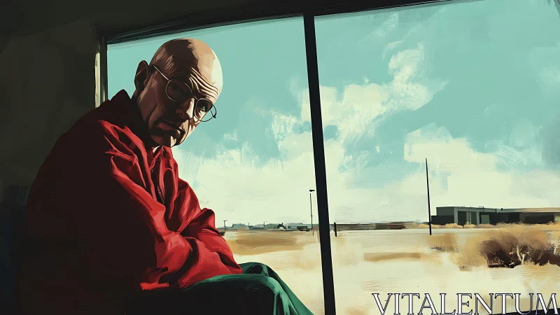 Bald man in red jacket gazes over sunlit desert plain