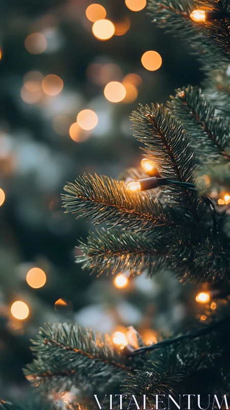 Golden bokeh lights weaving through evergreen fir needles.