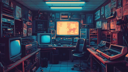 Retro cyberpunk control room glows with vintage monitors