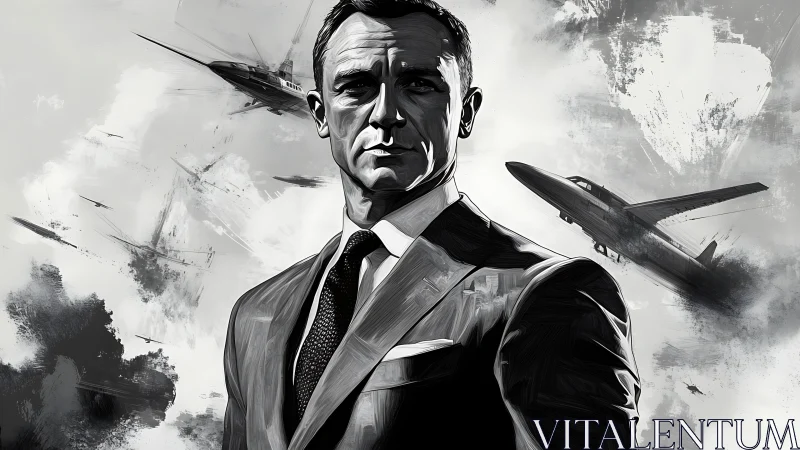 Stoic suited agent amid monochrome fighter aircraft backdrop.