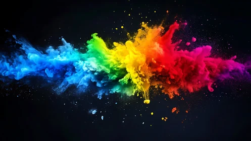 Color powder explosion forms horizontal rainbow cloud on black