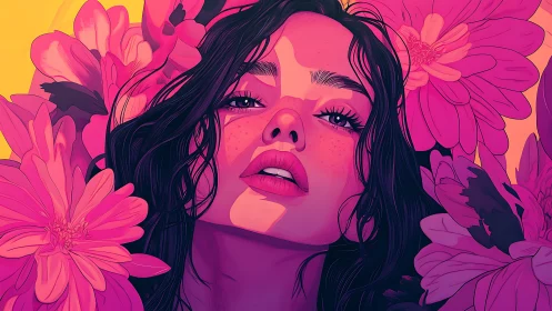 Sunlit daydream girl wrapped in bold pink blossoms.