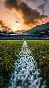 Sunset-lit stadium pitch with leading white midfield line perspective.