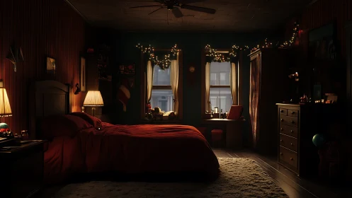 Cozy low-light bedroom interior with warm fairy lights and decor