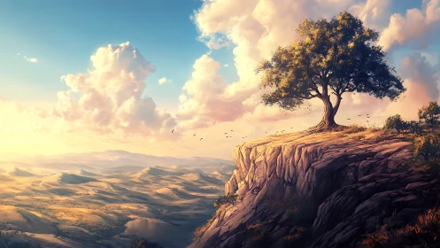 Lone cliffside tree glows above a vast golden valley at dusk