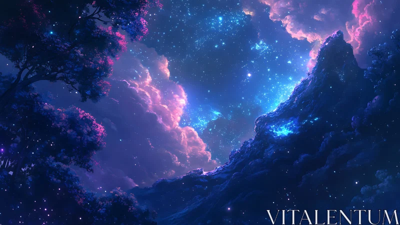 Night sky with nebula clouds over silhouetted forest ridge.