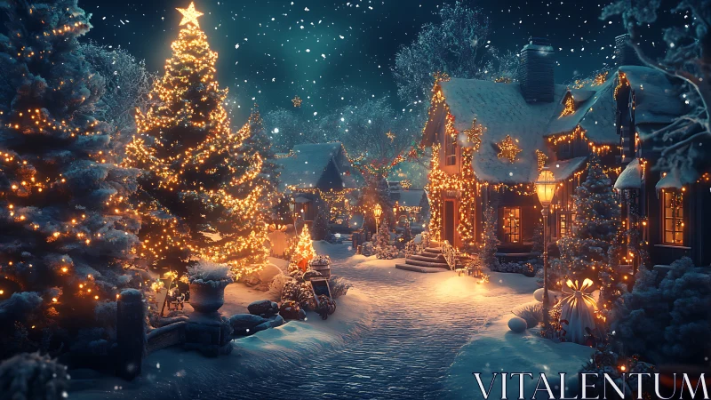 Snowy village street with glowing Christmas lights at night.