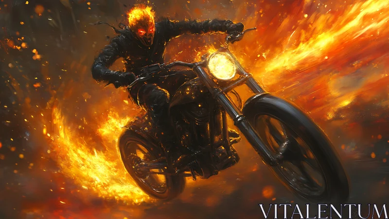 Fiery midnight rider blazing a bold trail through darkness.