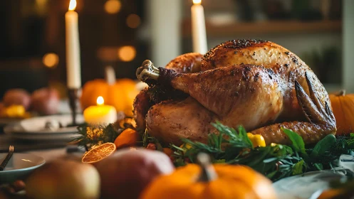 Roasted whole turkey is presented on decorated dining table