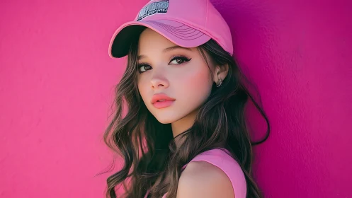 Young woman in pink cap against vivid monochrome wall.