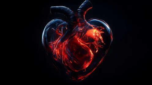 Glowing Human Heart With Arterial Network in Dark Space