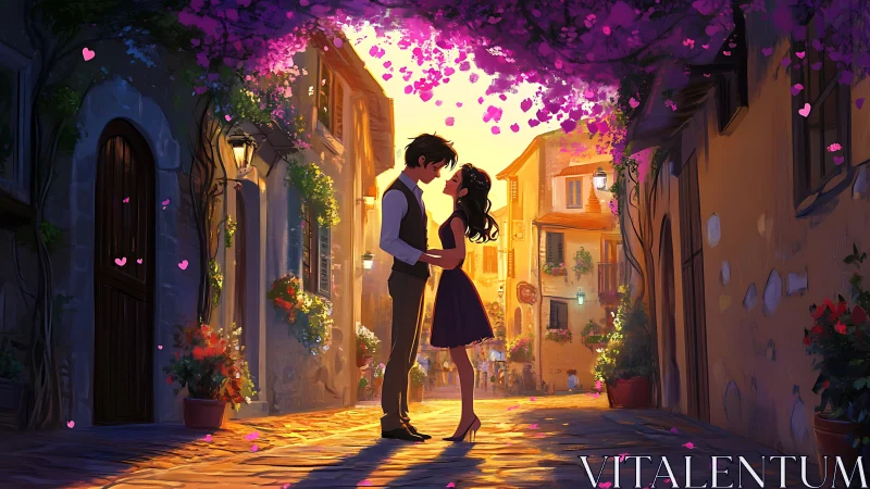 Urban Romance at Dusk: Digital Illustration of Couple in Flowering Streetscape.