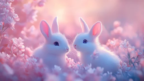Dreamlit bunnies whisper in a pastel meadow of blossoms.