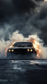 Flaming muscle car breaching smoke under storm-laden sky.