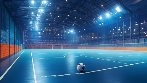 Indoor futsal arena under LED floodlights with resting ball